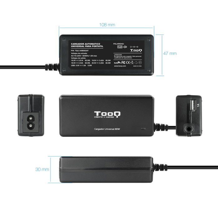 Tooq Chargeur Universel Portable 65W pour Ordinateur Portable avec USB et 8 Connecteurs DC - Modèle TQLC-65BS02AT