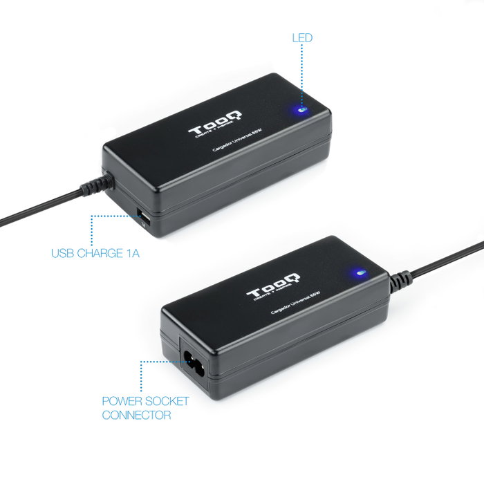 Tooq Chargeur Universel Portable 65W pour Ordinateur Portable avec USB et 8 Connecteurs DC - Modèle TQLC-65BS02AT