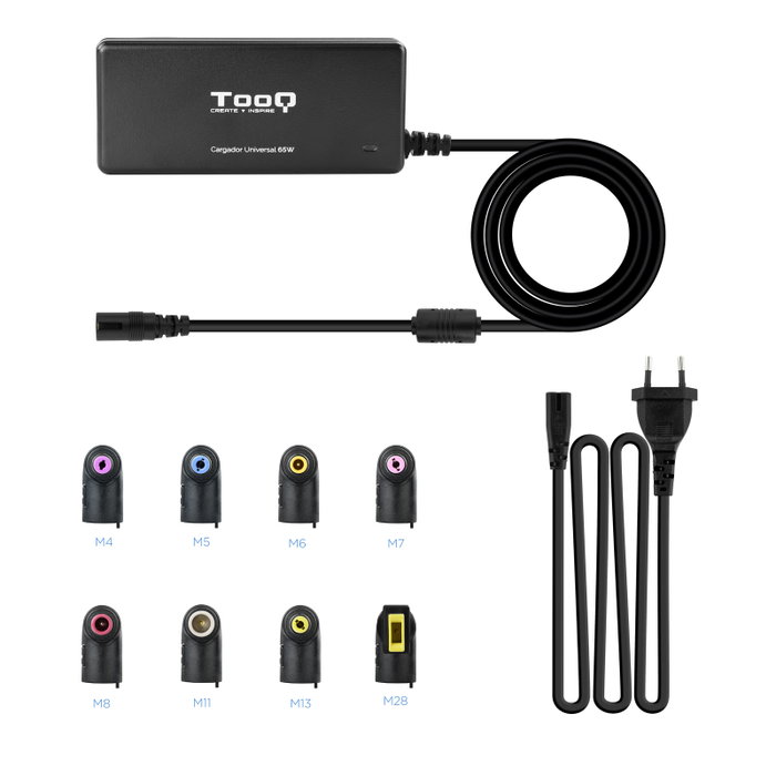 Tooq Chargeur Universel Portable 65W pour Ordinateur Portable avec USB et 8 Connecteurs DC - Modèle TQLC-65BS02AT