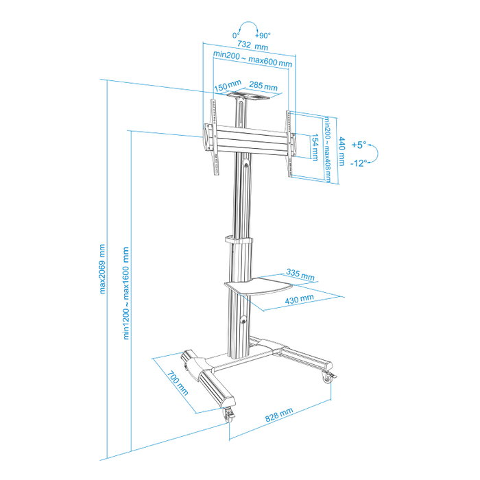 Tooq Support Sol TV 37-70 Pouces avec Plateaux, Inclinable et Rotatif, VESA 600x400, 50 kg, Argent