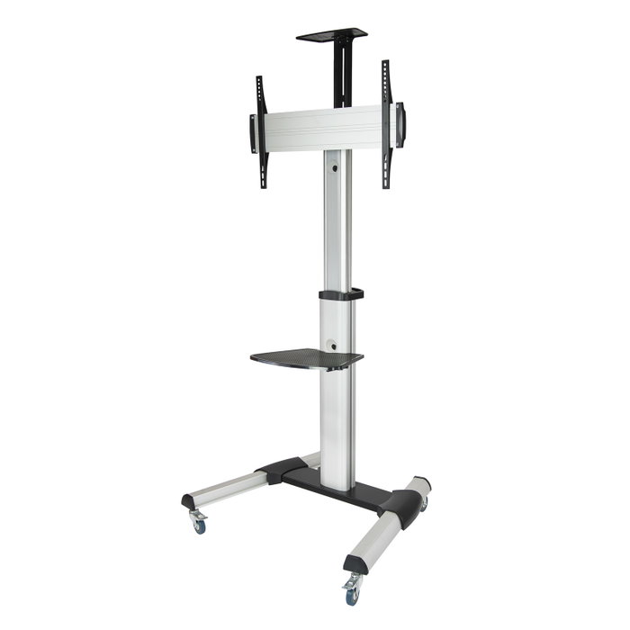 Tooq Support Sol TV 37-70 Pouces avec Plateaux, Inclinable et Rotatif, VESA 600x400, 50 kg, Argent
