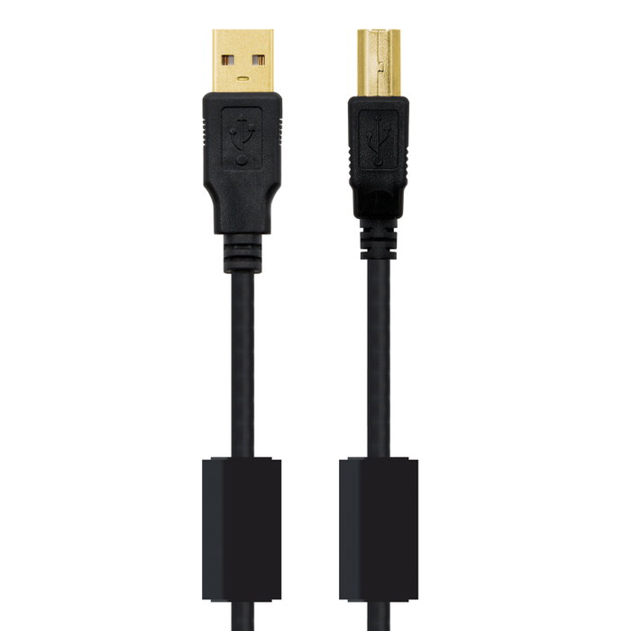 Nanocable Câble USB 2.0 Type A vers Type B Mâle, 3 mètres, avec ferrite, blindé or 24K, noir Nanocable Câble USB 2.0 Type A vers Type B Mâle, 3 mètres, avec ferrite, blindé or 24K, noir