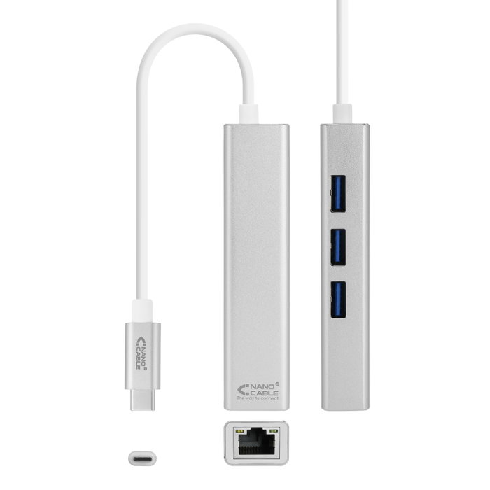 Nanocable Hub USB-C vers Ethernet Gigabit avec 3 ports USB 3.0, adaptateur RJ45, 10.03.0404 Nanocable Hub USB-C vers Ethernet Gigabit avec 3 ports USB 3.0, adaptateur RJ45, 10.03.0404