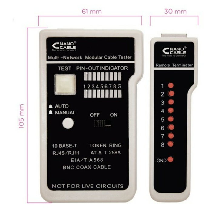 NANOCABLE Testeur de Câbles Professionnel RJ11/RJ12/RJ45 et Coaxial 10.31.0303