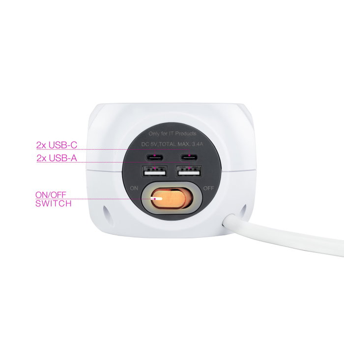 Nanocable Regleta Base Enchufes 3 Prises Shucko avec 4 Ports USB (2 USB-A, 2 USB-C) 1.4 m