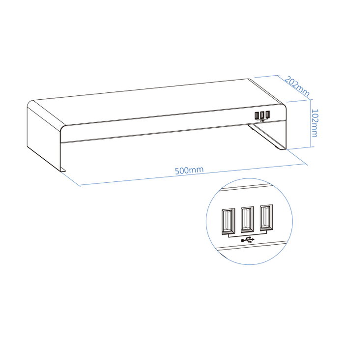 Tooq Support Élévateur pour Moniteur Métal Noir avec 3 Ports USB 2.0 500x202x102 mm 20 kg