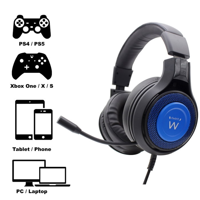 Ewent Pl3322 Casque Gaming 50mm avec Microphone Filaire Noir pour PC Xbox PlayStation Smartphone Tablette