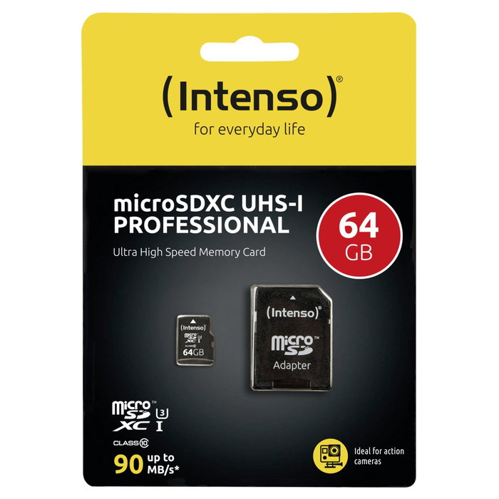 Intenso Carte mémoire micro SD 64 Go professionnelle v30 + adaptateur SD