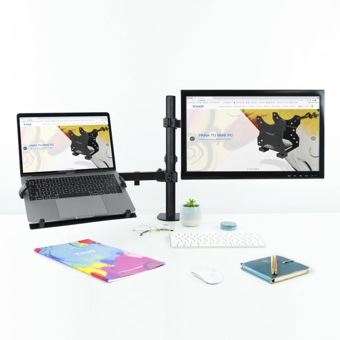 Tooq Support Mural pour Écran et PC Portable 13-32 Pouces et 10-15.6 Pouces, VESA 75x75/100x100, Rotation 180°, Inclinaison 45°, Noir
