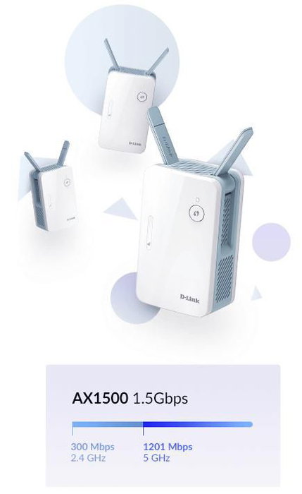 D-Link E15 Répéteur Wi-Fi Mesh AX1500 WiFi 6, avec assistance IA, port Gigabit, WPA3, compatible tous routeurs, couverture jusqu'à 600 m²