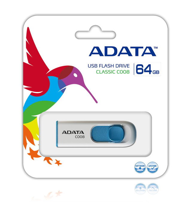ADATA C008 Clé USB 2.0 64 Go - Blanc / Bleu ADATA C008 Clé USB 2.0 64 Go - Blanc / Bleu