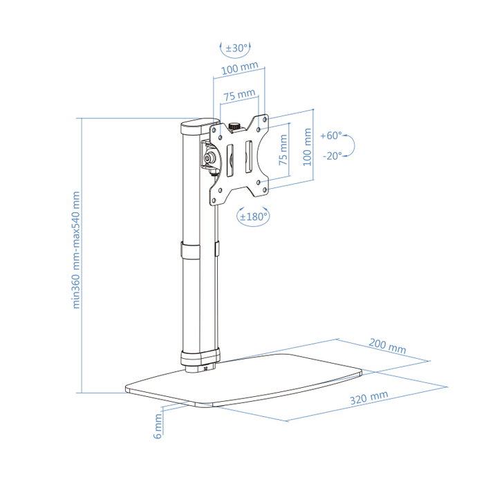 Tooq Support de Table pour Écran 17-27 Pouces Blanc VESA 75x75/100x100
