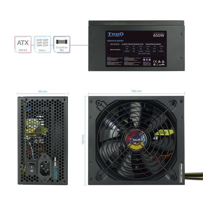 Tooq TQAPOLO 650SP Alimentation ATX 650W PFC Actif, Ventilateur 14cm, Noir Tooq TQAPOLO 650SP Alimentation ATX 650W PFC Actif, Ventilateur 14cm, Noir