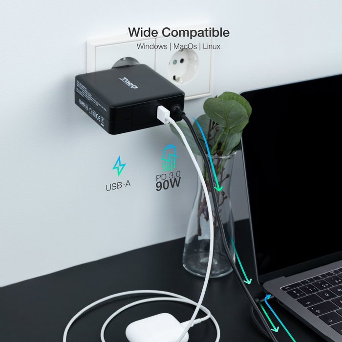 TooQ Chargeur Portable USB-C 90W TQLC-USBC90PD Noir Power Delivery