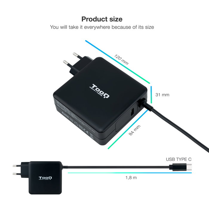 TooQ Chargeur Portable USB-C 90W TQLC-USBC90PD Noir Power Delivery