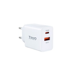 TooQ TQWC-2SC04WT Chargeur mural double USB-C PD 20W USB-A QC 3.0 Blanc