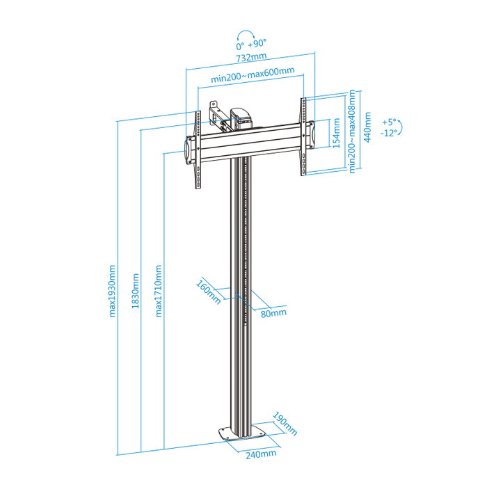 Tooq FS2270 M - B Support Sol TV Aluminium Argenté 37-70 Pouces Inclinable Rotation Hauteur Réglable