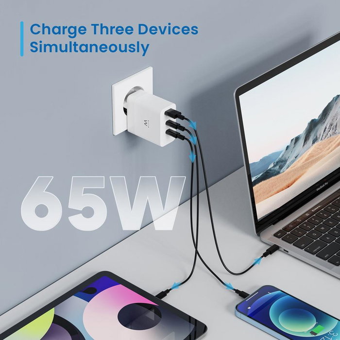Ewent EW1323 Chargeur Rapide 65W USB-C GaN 3 Ports pour MacBook, iPhone, iPad, Smartphone