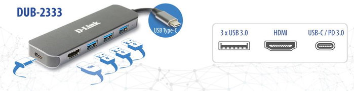 D-Link DUB-2333 Station d'accueil USB Type-C 3 ports USB-A 1 HDMI 1.4 4K Ultra HD grise 60W D-Link DUB-2333 Station d'accueil USB Type-C 3 ports USB-A 1 HDMI 1.4 4K Ultra HD grise 60W