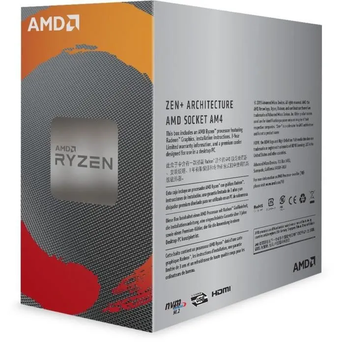 AMD Ryzen 3 3200G avec Radeon Vega 8 Graphics, 3,6 GHz, 4 Cœurs, Socket AM4