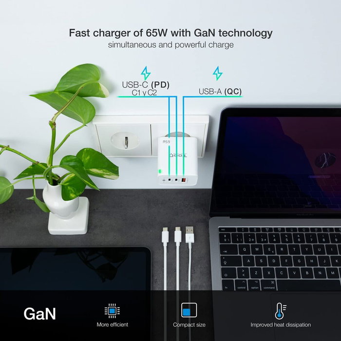 Chargeur mural TooQ TQWC-GANQC2PD65WT Blanc 65 W
