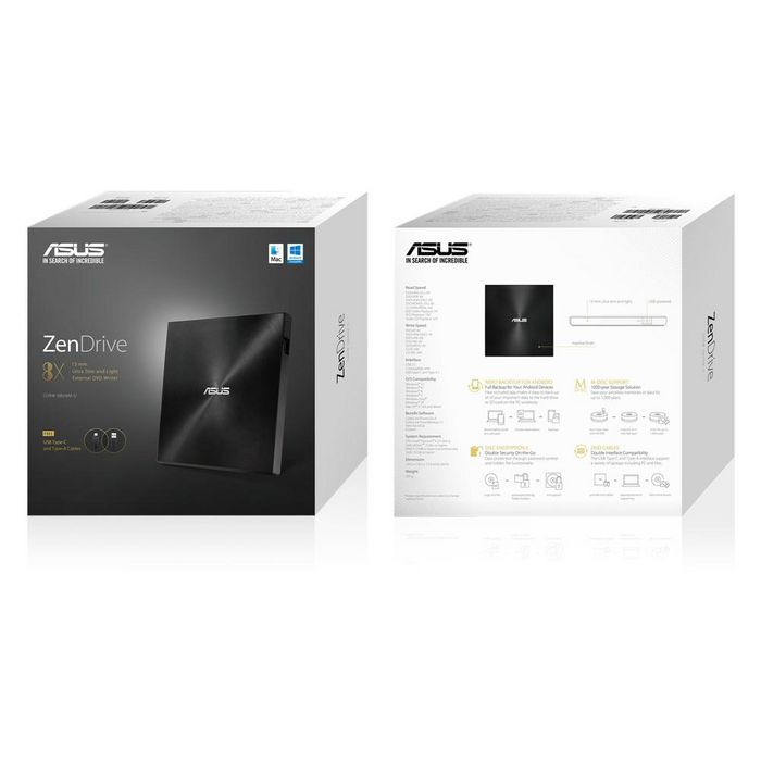 Asus ZenDrive U9M Graveur DVD Externe Ultra-Mince Noir avec USB Type-C et Type-A, Compatible M-DISC pour Sauvegarde Archivée 1000 Ans, pour PC et Mac