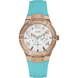 Guess W0564L3 avec bracelet bleu et boîtier or rose