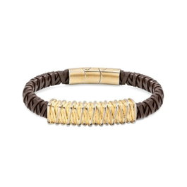 Police Barbedwire Bracelet en Cuir Marron et Doré