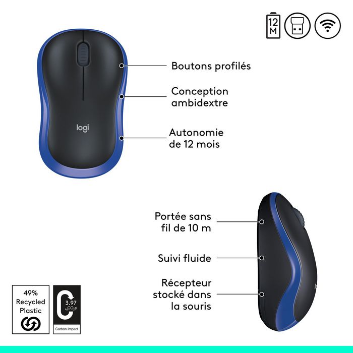 Logitech Souris sans fil M185 - Souris USB ambidextre avec récepteur nano et autonomie de batterie jusqu'à 1 an pour PC, Mac, ordinateur portable