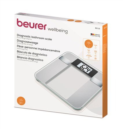 Beurer BG-13 Balance Diagnostic Numérique avec Calcul IMC en Verre, Grand Écran LCD - Mesure Poids, Graisse Corporelle, Masse Musculaire