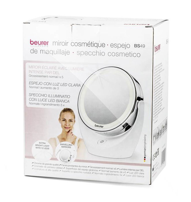 Beurer BS-49 Miroir de Maquillage à LED avec 5x Grossissement et Batterie - 12 Lumières, Sans Fil, Portable et Détachable