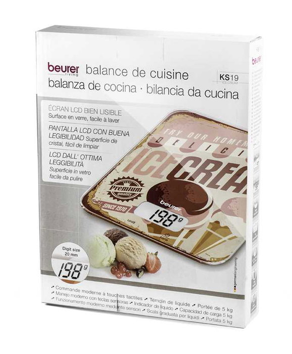Beurer KS-19 Pèse-personne de Cuisine Design Rétro 'Ice Cream' en Verre, Touchscreen, LCD, Fonction Tara, 5 kg