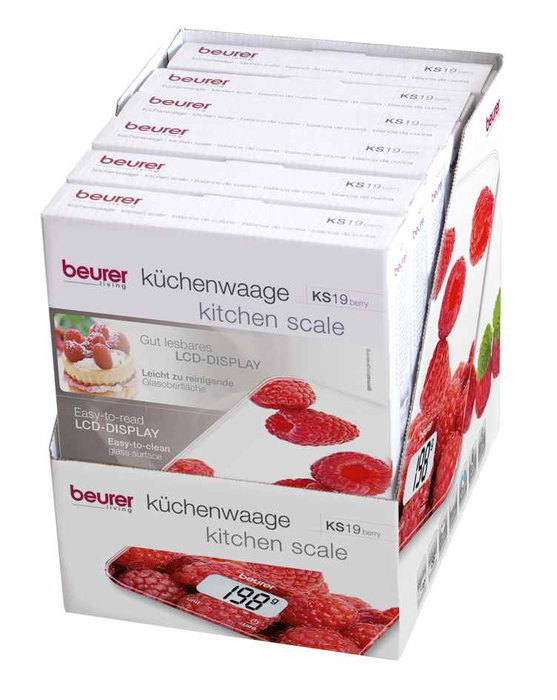 Beurer KS-19 Balance de cuisine digitale tactile en verre avec affichage LCD, fonction tare, capacité 5kg et arrêt automatique - Design Framboise