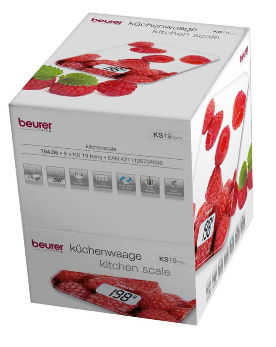 Beurer KS-19 Balance de cuisine digitale tactile en verre avec affichage LCD, fonction tare, capacité 5kg et arrêt automatique - Design Framboise
