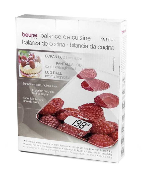 Beurer KS-19 Balance de cuisine digitale tactile en verre avec affichage LCD, fonction tare, capacité 5kg et arrêt automatique - Design Framboise