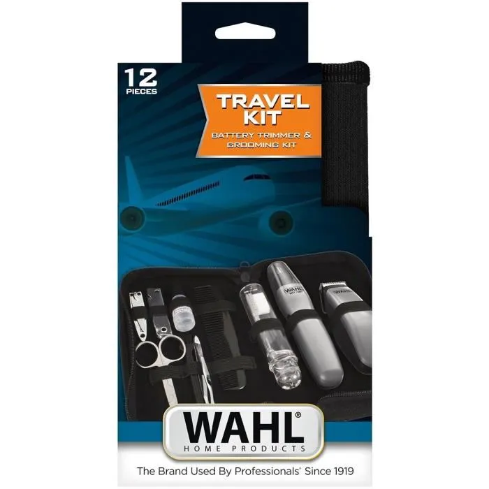 Wahl - Kit de Voyage Barbe Travel Kit - Tondeuse à Piles et Coupe-Poils Nez Oreilles avec 6 Réglages, Ciseaux, Peigne et Lime - Gris