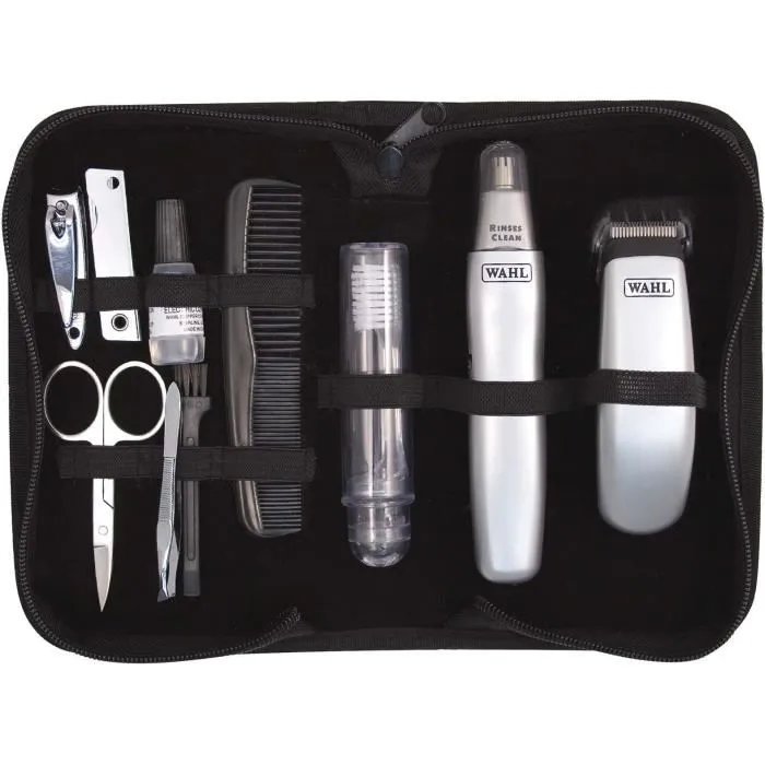 Wahl - Kit de Voyage Barbe Travel Kit - Tondeuse à Piles et Coupe-Poils Nez Oreilles avec 6 Réglages, Ciseaux, Peigne et Lime - Gris