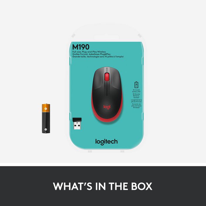 Logitech M190 Souris sans fil ergonomique pour PC, 1000 DPI, autonomie 18 mois, connexion jusqu'à 10 m, avec récepteur USB, pile AA incluse Logitech M190 Souris sans fil ergonomique pour PC, 1000 DPI, autonomie 18 mois, connexion jusqu'à 10 m, avec récepteur USB, pile AA incluse