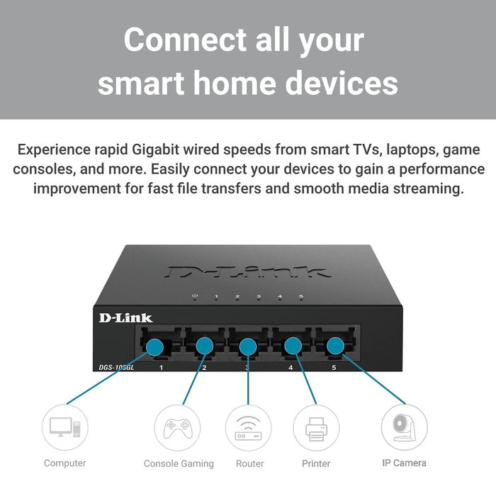 D-Link DGS-105GL Switch 5 ports Gigabit Ethernet Noir D-Link DGS-105GL Switch 5 ports Gigabit Ethernet Noir