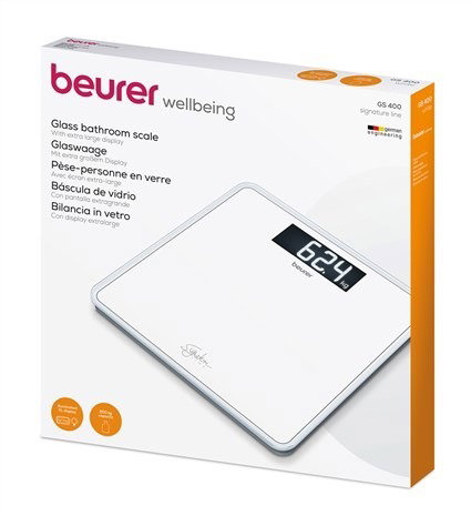 Beurer GS-400 Balance de salle de bain digitale en verre de sécurité extra résistant, 200 kg, écran LCD grande taille, démarrage automatique