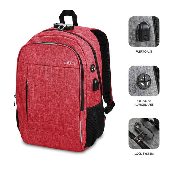 Subblim Mochila Urban Lock Backpack pour Ordinateur Portable 15.6 Pouces, Système Antivol à Code, Port USB, Rouge Subblim Mochila Urban Lock Backpack pour Ordinateur Portable 15.6 Pouces, Système Antivol à Code, Port USB, Rouge