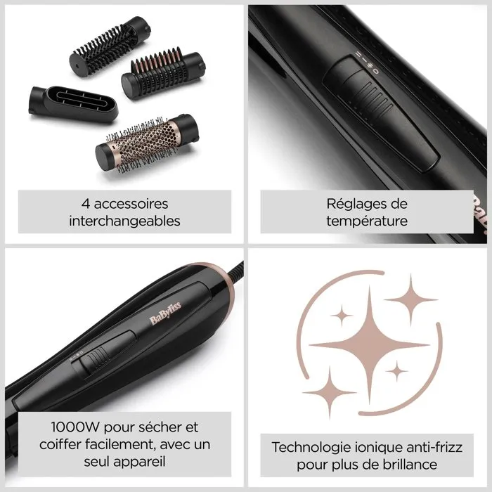 BaByliss Brosse soufflante AS126E Perfect Finish 4-en-1 - 1000W avec technologie ionique, 4 embouts et 2 températures