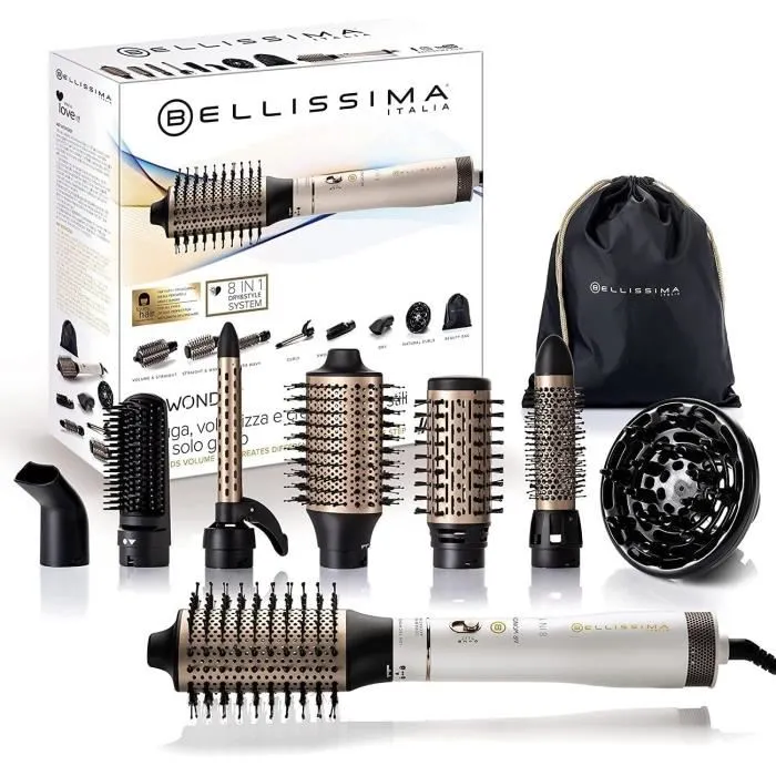 Bellissima Brosse Soufflante Air Wonder Blanc Or - Brosse Coiffante 8 en 1 avec Séchoir, Brushes, Fer à Friser et Accessoires, 2 Températures Bellissima Brosse Soufflante Air Wonder Blanc Or - Brosse Coiffante 8 en 1 avec Séchoir, Brushes, Fer à Friser et Accessoires, 2 Températures