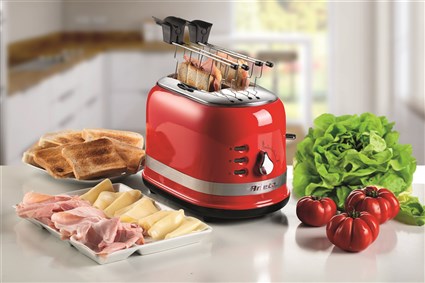 Ariete 149/00 - Grille-pain moderne 2 fentes, rouge, avec pinces, fonctions décongélation et réchauffage, 6 niveaux de cuisson