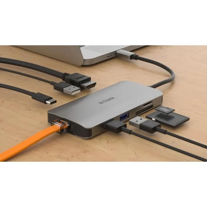 D-Link Station d'accueil DUB-M810 USB-C / Thunderbolt 3, 8 en 1 avec câble intégré, HDMI, port Gigabit Ethernet 1 GbE pour ordinateur portable