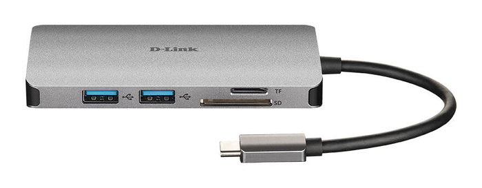 D-Link DUB-M810 Hub USB-C 8-en-1 avec HDMI 4K, Gigabit LAN et lecteur de cartes, Gris