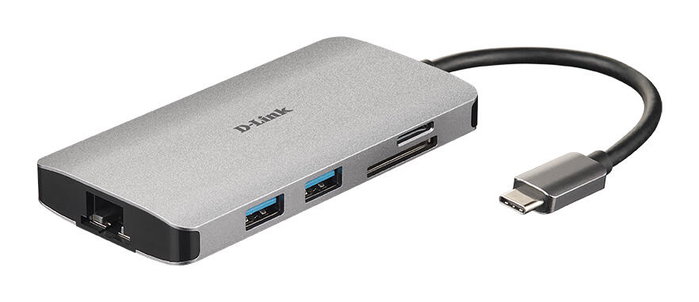 D-Link DUB-M810 Hub USB-C 8-en-1 avec HDMI 4K, Gigabit LAN et lecteur de cartes, Gris