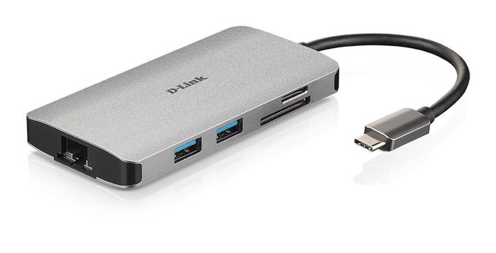 D-Link DUB-M810 Hub USB-C 8-en-1 avec HDMI 4K, Gigabit LAN et lecteur de cartes, Gris