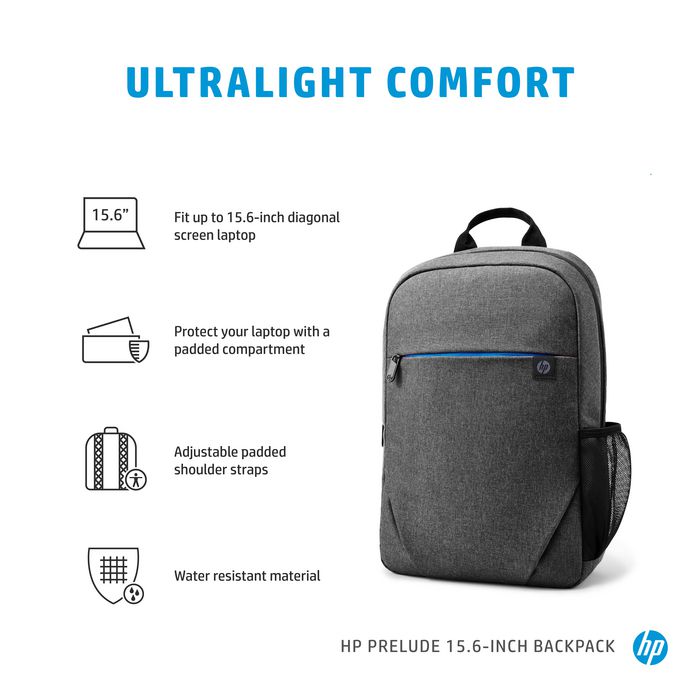 HP Sacoche Sac à Dos 15,6 Pouces Prelude - Ultra-Léger, Imperméable, Rembourré pour Ordinateur Portable (13,3/14,2/15,6 Pouces) - Garantie 2 Ans