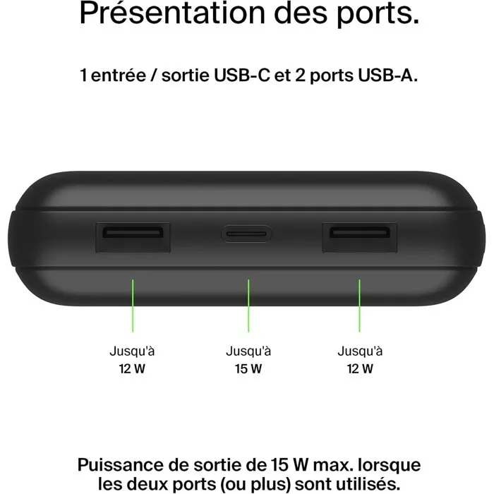 Belkin - Batterie Externe Portable 20000 mAh 15W avec Ports USB-A et USB-C - Noir - Haute Capacité, Charge Rapide